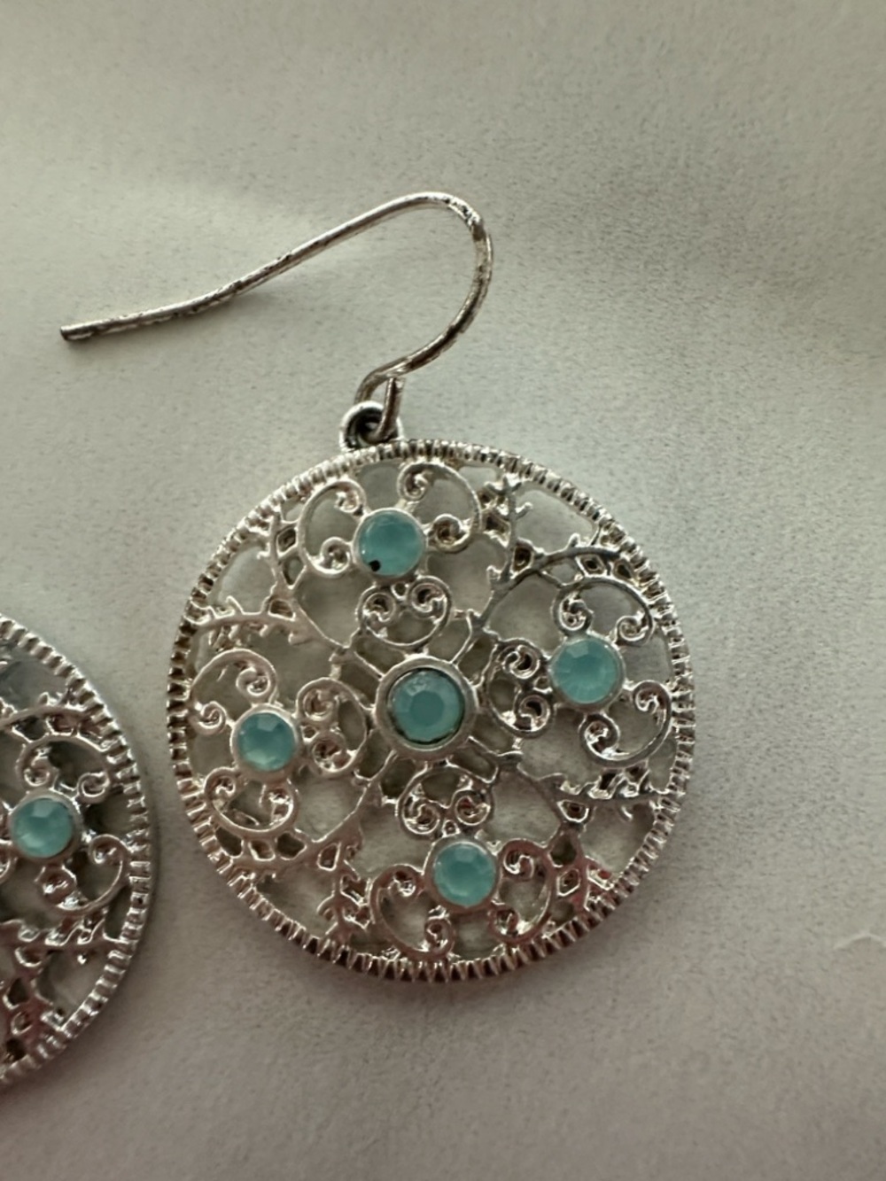 Anthropologie Silver Filigree Drop Earrings with Aqua Stones